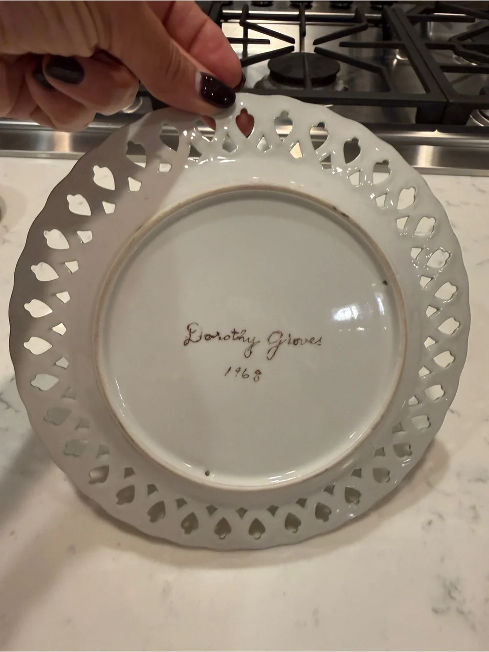 Vintage 1968 Hand Painted Floral Porcelain Plate Pierced Rim Dorothy Glover